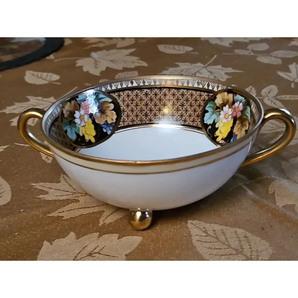 Hand Painted Nippon BLACK‎ GOLD Floral Footed ART DECO Berry Bowl Morimura